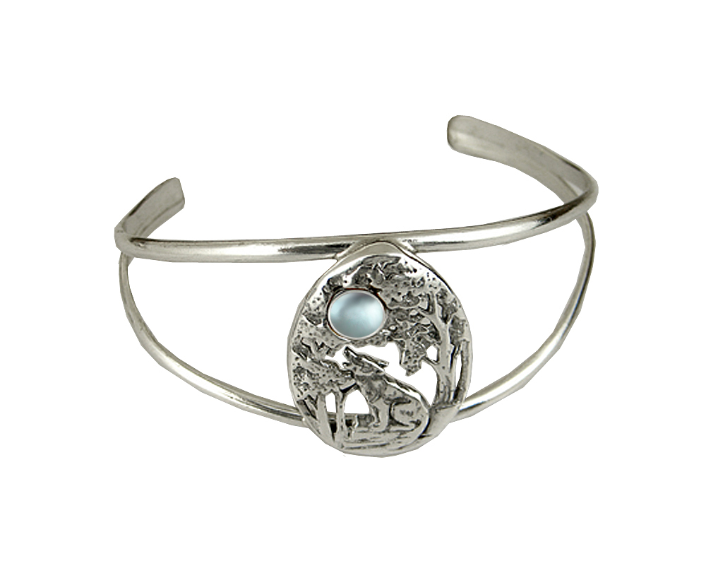 Sterling Silver Howling Wolf Cuff Bracelet With Blue Topaz